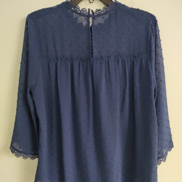New Women's Adrianna Papell Navy 3/4 Sleeve Swiss Dot w/Lace Blouse Size L - Picture 2 of 4